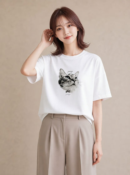 プリントTシャツ レディース 猫 ねこ イラスト ユニーク レイヤード 友達ギフト 白T YMAZO