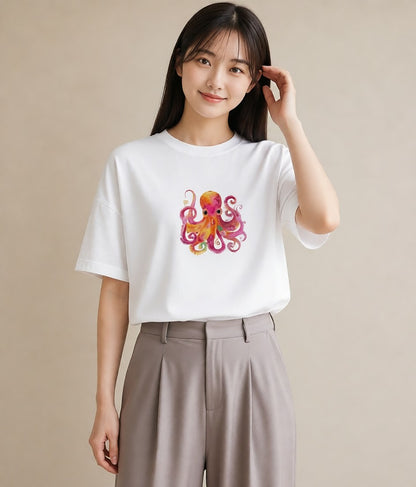 Tシャツ レディース タコ 海の生き物 海 イラスト フェミニン 自分用 ルームウェア 白T YMAZO