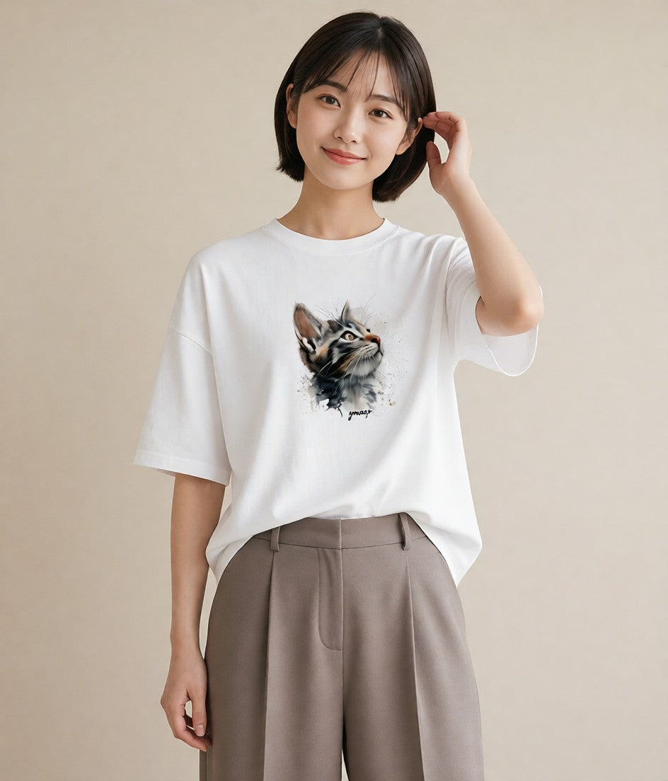 半袖Tシャツ レディース ロシアンブルー 猫 ねこ イラスト 旅行コーデ 敬老の日 ホワイトデー 白T YMAZO
