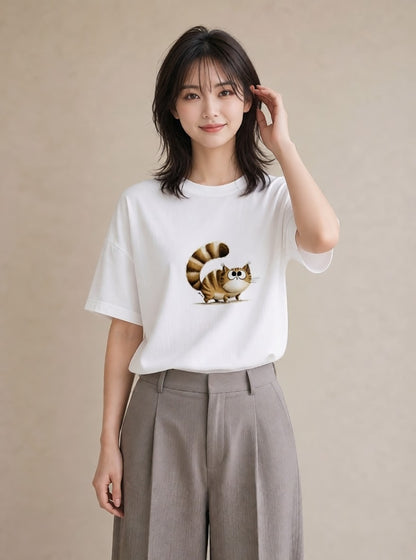 半袖Tシャツ レディース キジトラ 猫 ねこ イラスト ヴィンテージ風 海 カフェ巡り 白T YMAZO