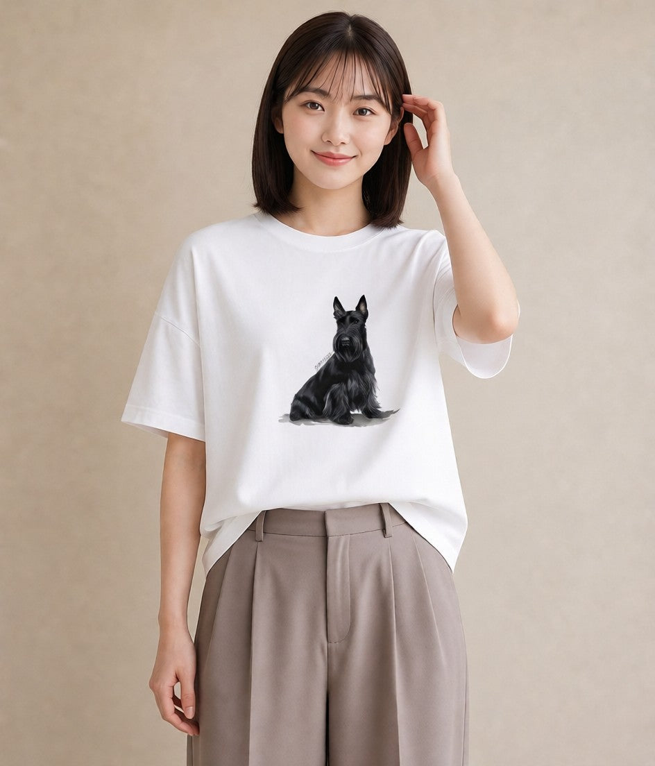 Tシャツ レディース ミニチュアシュナウザー 犬 いぬ イラスト きれいめカジュアル 散歩 お出かけ 白T YMAZO
