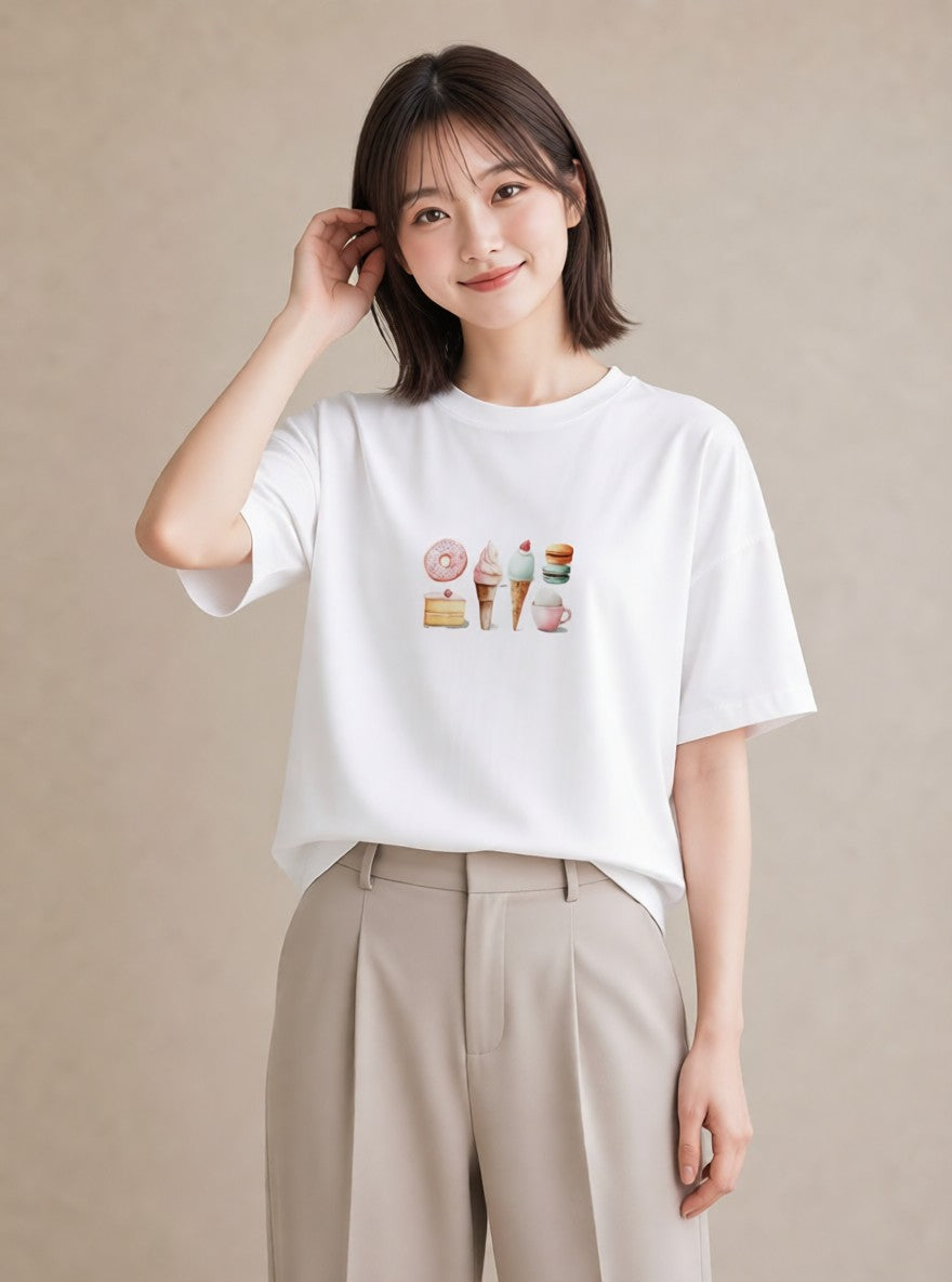デザインTシャツ レディース ドーナツ 食べ物 フード イラスト こなれ感 ラフ レイヤード 白T YMAZO