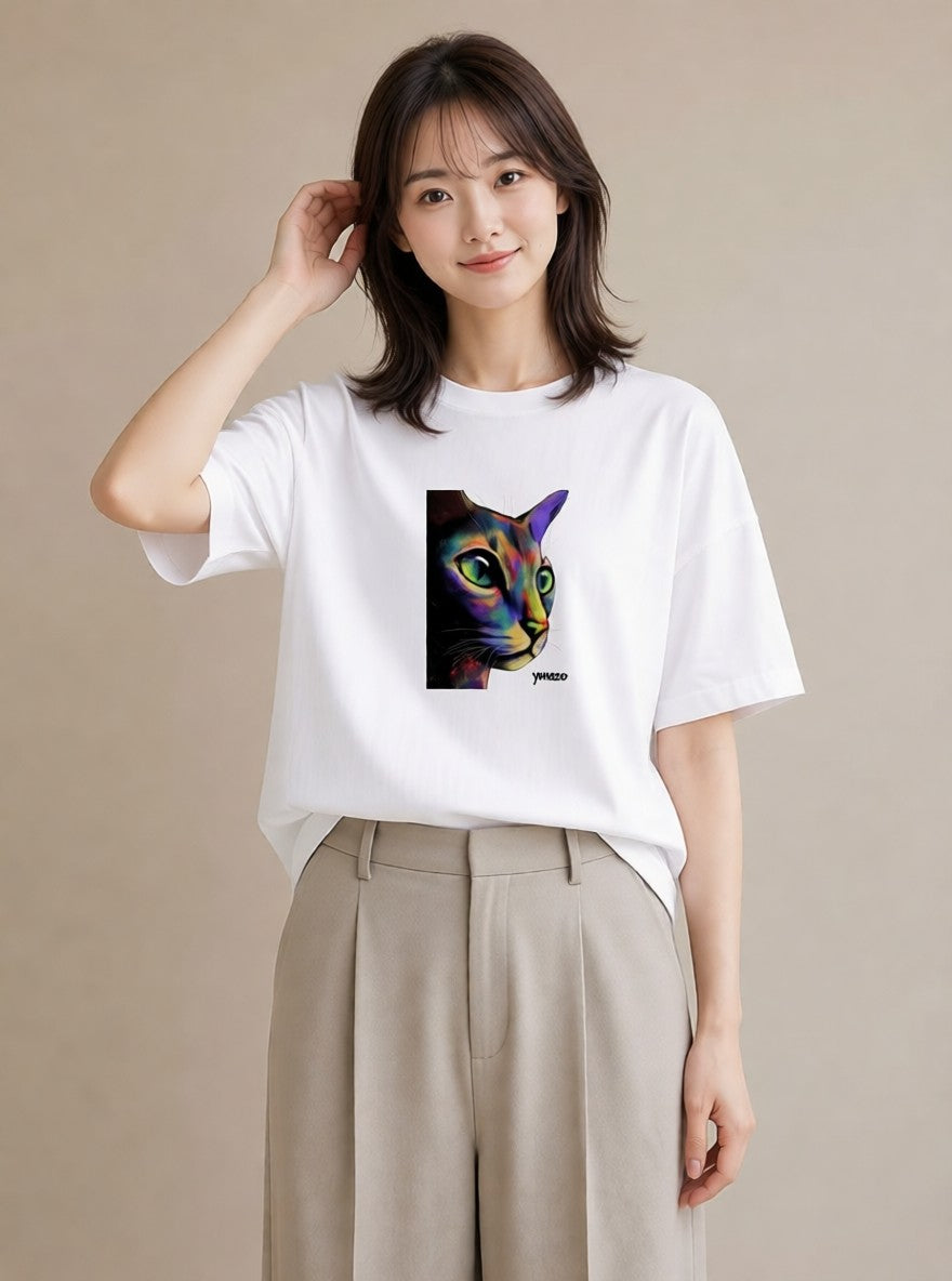 デザインTシャツ レディース スフィンクス 猫 ねこ イラスト ラフ 通勤 在宅 白T YMAZO