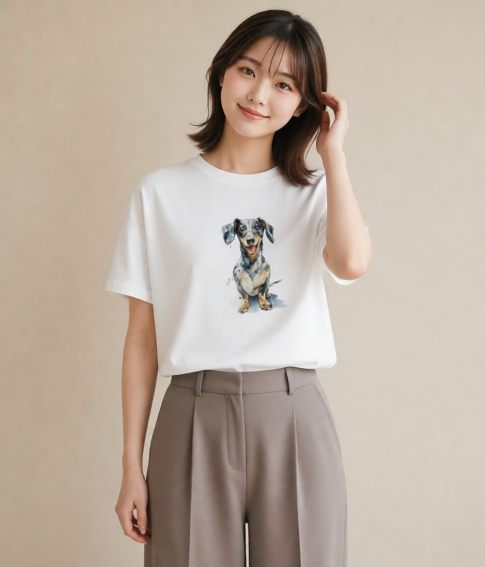 Tシャツ レディース ミニチュアダックスフンド 犬 いぬ イラスト 可愛い ギフト 母の日 白T YMAZO