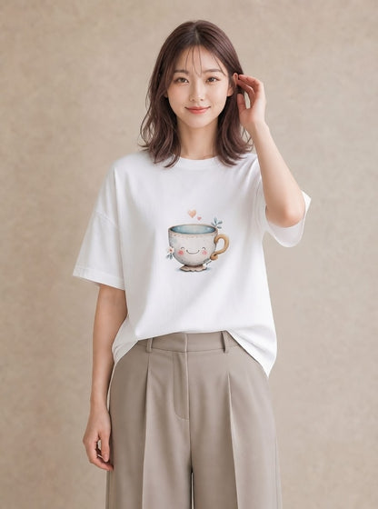 グラフィックTシャツ レディース カフェオレ 食べ物 フード イラスト 散歩 お出かけ 白T YMAZO
