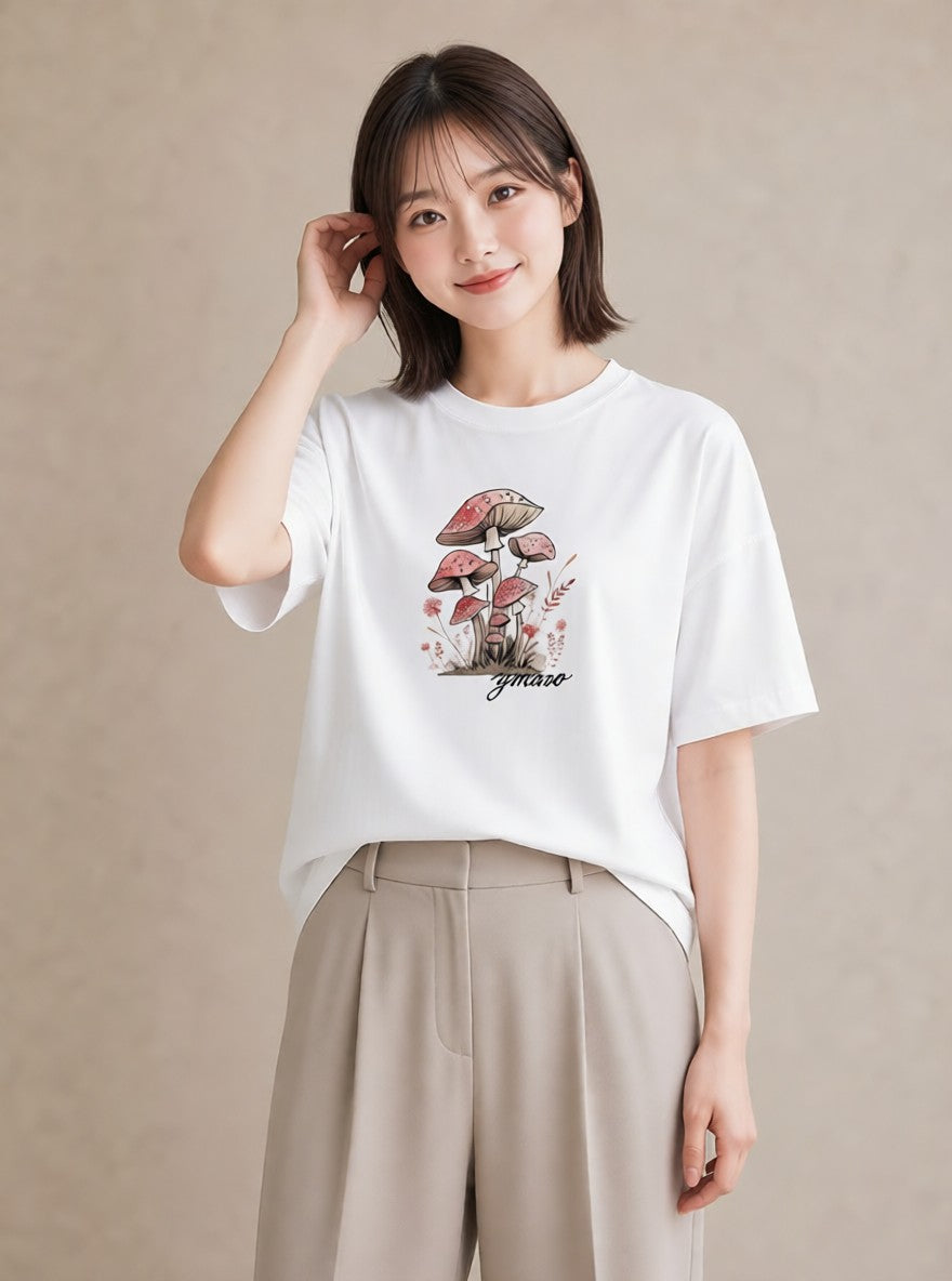 Tシャツ レディース きのこ 植物 ボタニカル イラスト 線画 自分用 ルームウェア 白T YMAZO