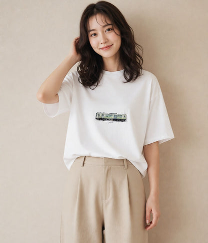 Tシャツ レディース 駅のホーム ローカル線 駅 ナチュラル アンティーク イラスト 線画 誕生日プレゼント 綿100 白T YMAZO