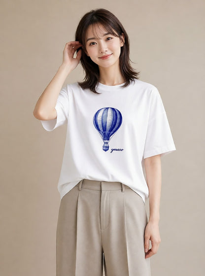 デザインTシャツ レディース 気球 星空 宇宙 イラスト きれいめカジュアル 公園 ママ 白T YMAZO