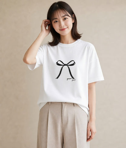 プリントTシャツ レディース リボン ボウ りぼん イラスト ナチュラル 通学 誕生日プレゼント 白T YMAZO