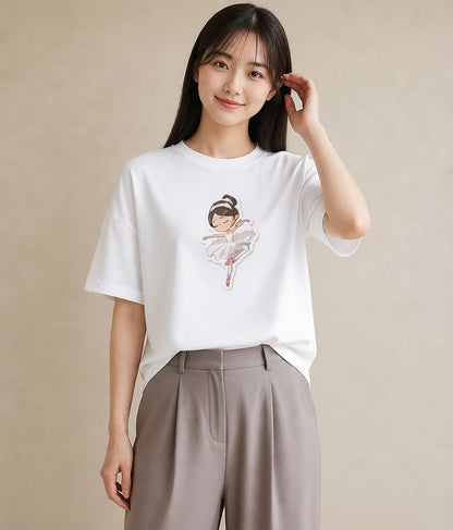 プリントTシャツ レディース バレエシューズ バレエ トウシューズ ナチュラル アンティーク イラスト 水彩風 敬老の日 ホワイトデー 白T YMAZO