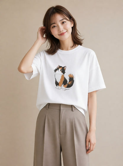 半袖Tシャツ レディース マンチカン 猫 ねこ イラスト 北欧風 敬老の日 ホワイトデー 白T YMAZO