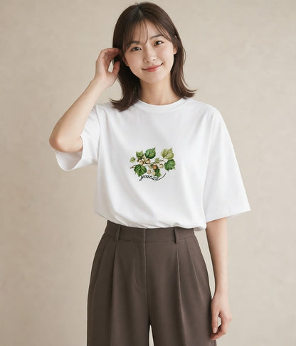 プリントTシャツ レディース 実り 植物 ボタニカル イラスト 韓国風 夏コーデ 通学 白T YMAZO