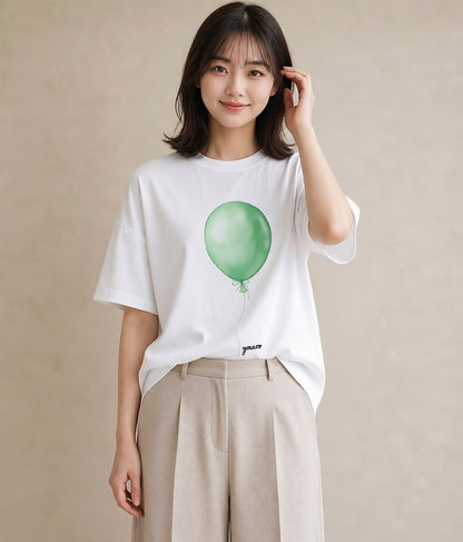 デザインTシャツ レディース 紙風船 和紙 ナチュラル アンティーク イラスト きれいめカジュアル おしゃれギフト 社会人 白T YMAZO