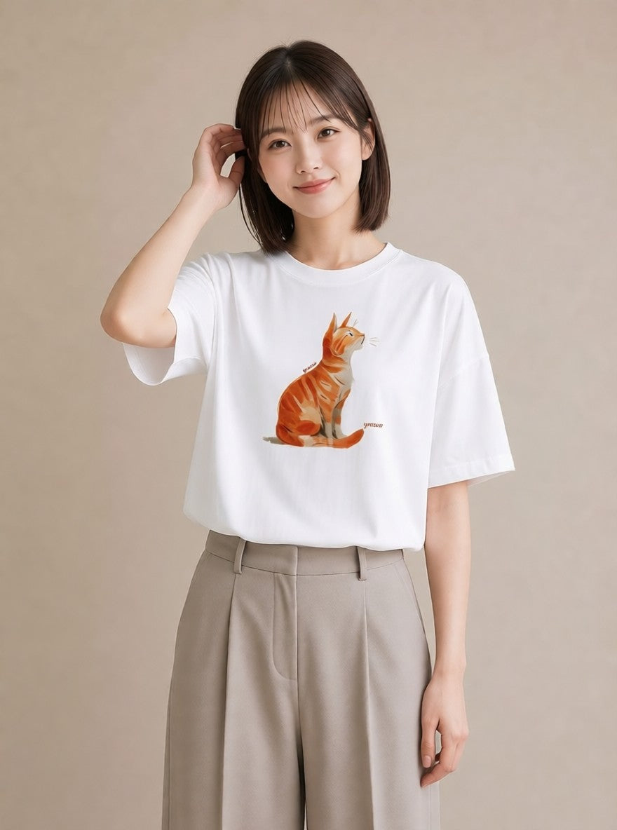 Tシャツ レディース ブリティッシュショートヘア 猫 ねこ イラスト ラフカジュアル ラフ レイヤード 白T YMAZO