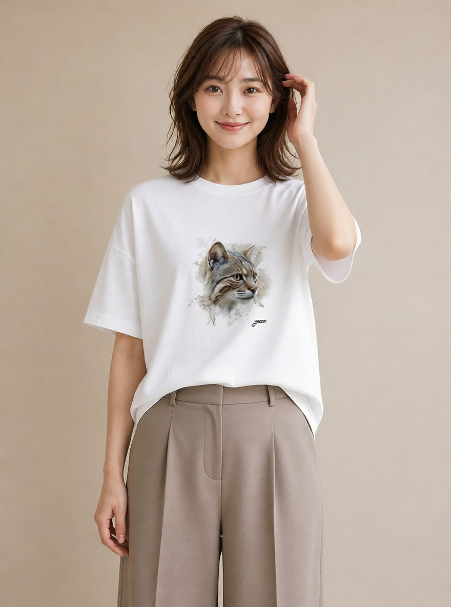 プリントTシャツ レディース キジトラ 猫 ねこ イラスト 個性的 ラフ レイヤード 白T YMAZO