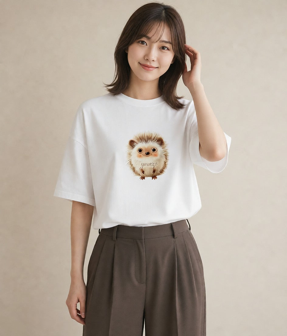 半袖Tシャツ レディース ハリネズミ ペット 動物 イラスト ニュアンス 女性 旅行用 白T YMAZO