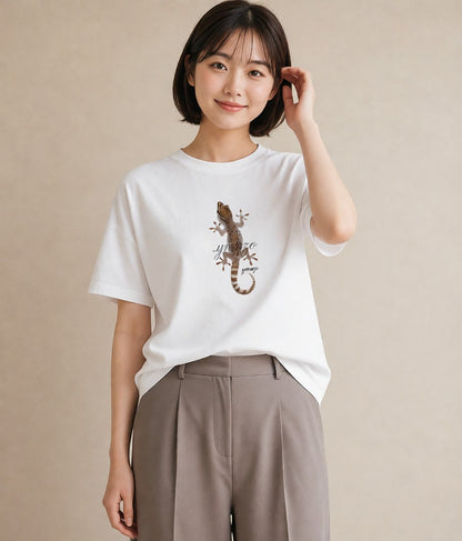 プリントTシャツ レディース レオパ ペット 動物 イラスト 北欧風 カフェ巡り 女子会 白T YMAZO