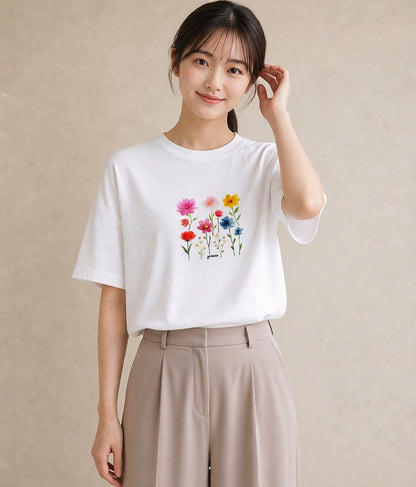 プリントTシャツ レディース コスモス 秋桜 花 花柄 イラスト ニュアンス レイヤード 友達ギフト 白T YMAZO
