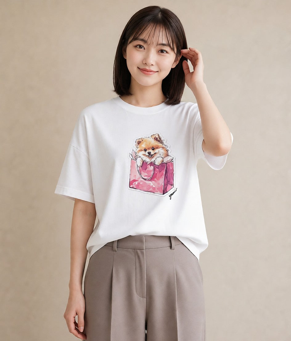 Tシャツ レディース ポメラニアン ポメ 犬 いぬ イラスト ヴィンテージ風 お揃い 親子 白T YMAZO
