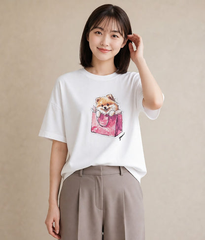 Tシャツ レディース ポメラニアン ポメ 犬 いぬ イラスト ヴィンテージ風 お揃い 親子 白T YMAZO