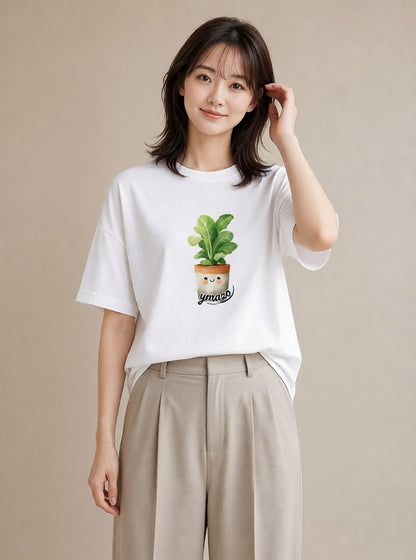 プリントTシャツ レディース 苔 植物 ボタニカル イラスト アート風 カジュアルコーデ 買い物 白T YMAZO