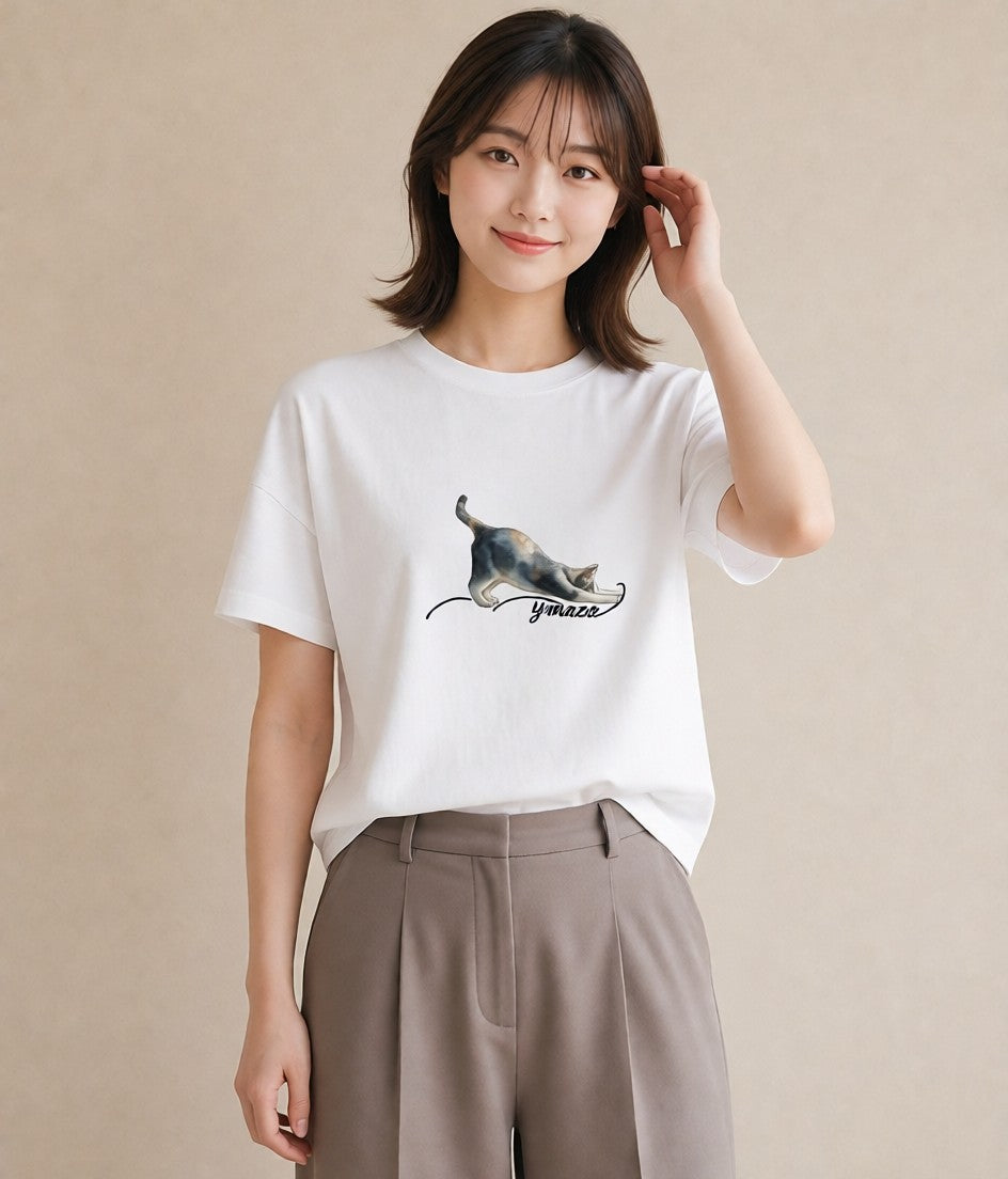 半袖Tシャツ レディース ブリティッシュショートヘア 猫 ねこ イラスト お洒落 旅行 母娘コーデ 白T YMAZO