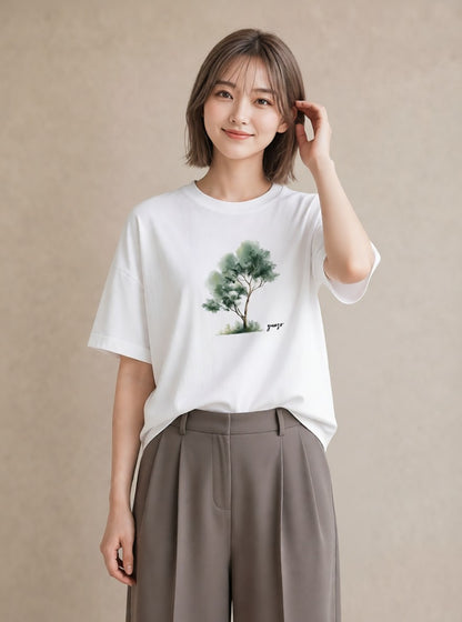 グラフィックTシャツ レディース 青の水彩 風景 ブルー ナチュラル アンティーク イラスト モード 休日 ペアコーデ 白T YMAZO