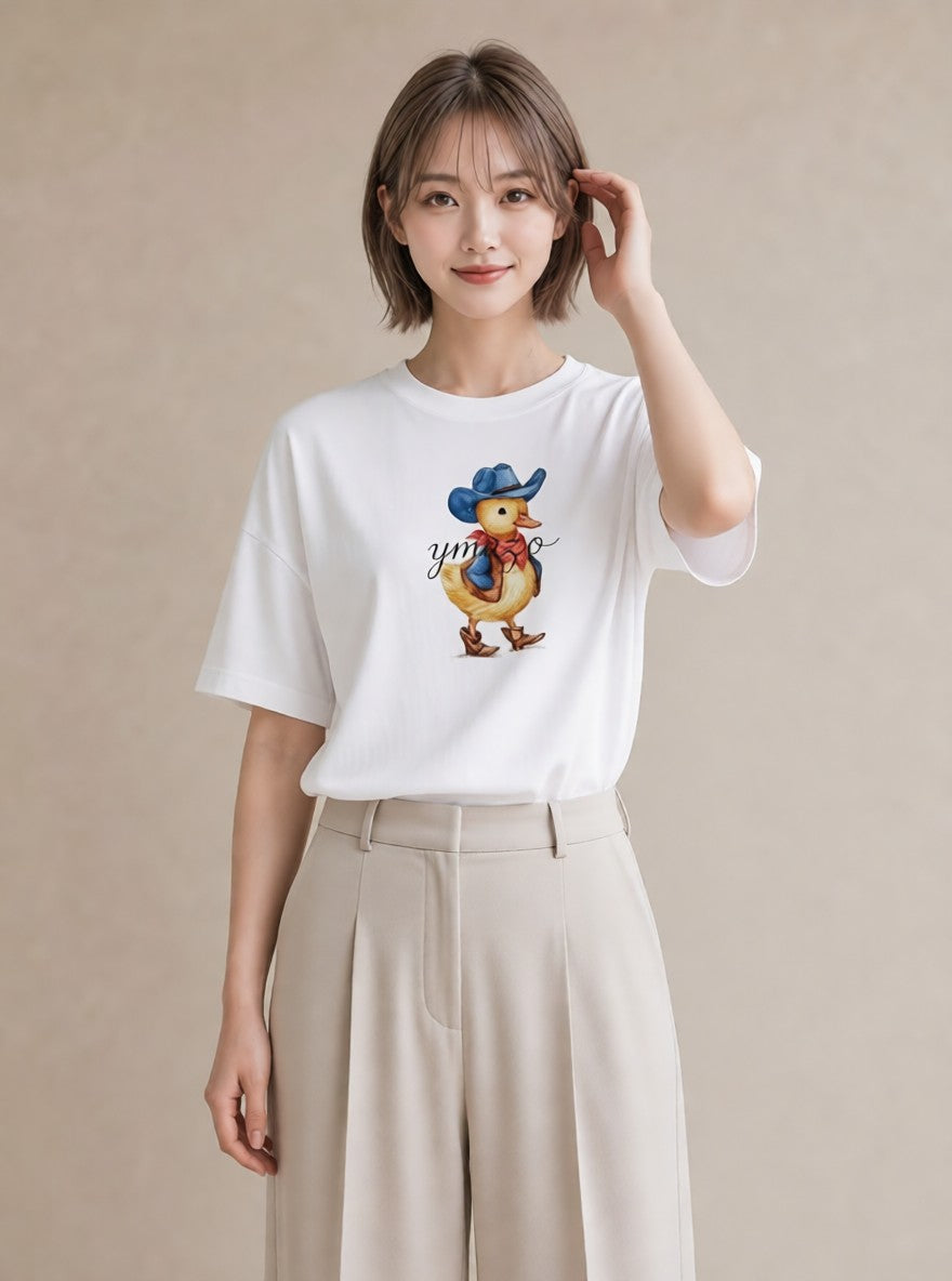 デザインTシャツ レディース アヒル 動物 アニマル イラスト ゆるかわ 春服 ミセス 白T YMAZO