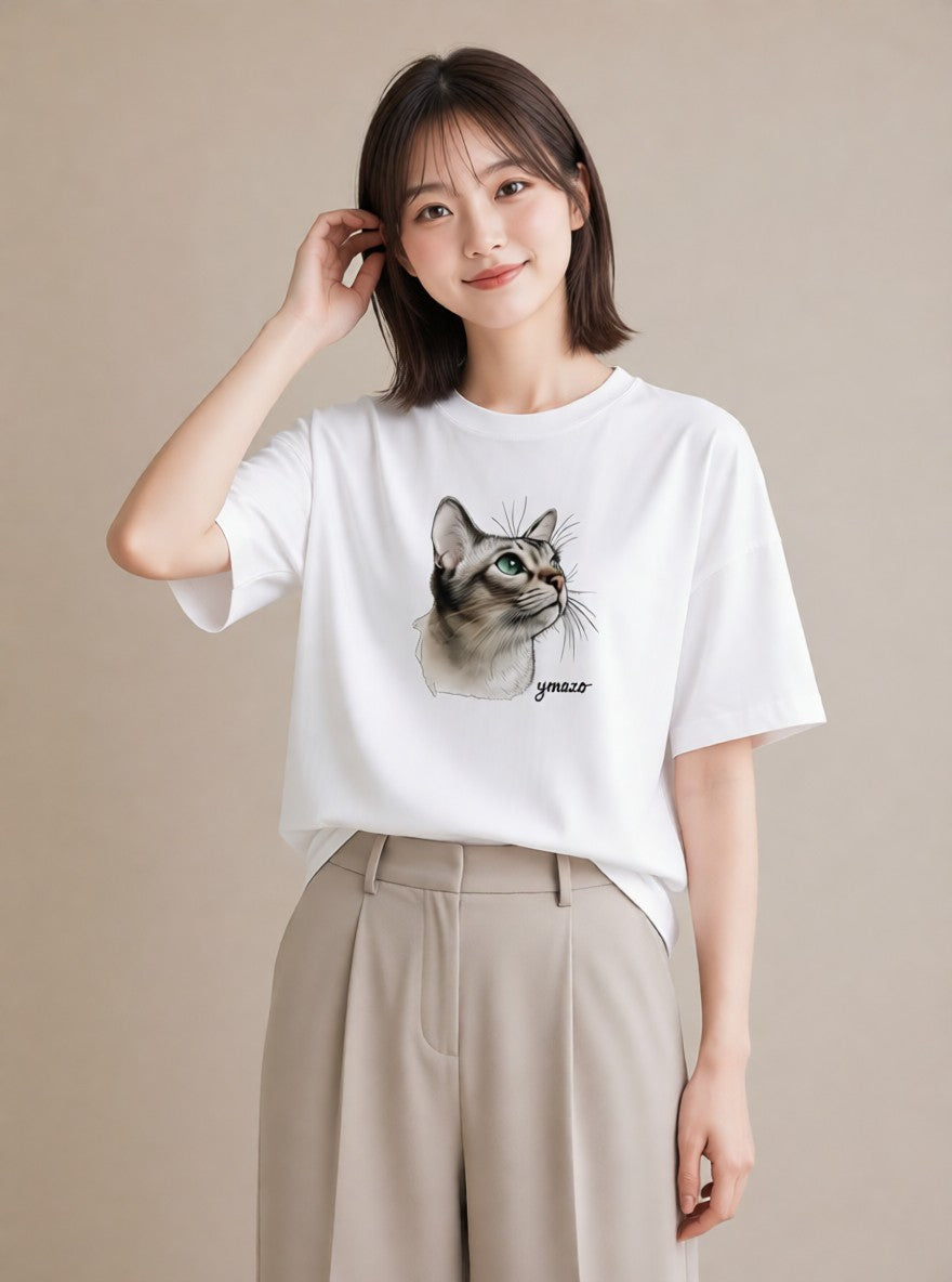 Tシャツ レディース 猫好き 猫 ねこ イラスト ゆるコーデ ルームウェア ギフト 白T YMAZO
