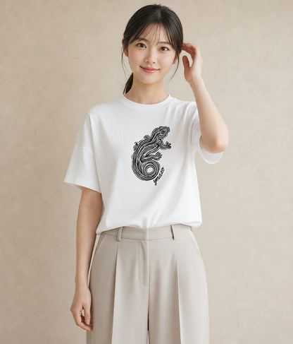 半袖Tシャツ レディース レオパ ペット 動物 イラスト ニュアンス ギフト 母の日 白T YMAZO