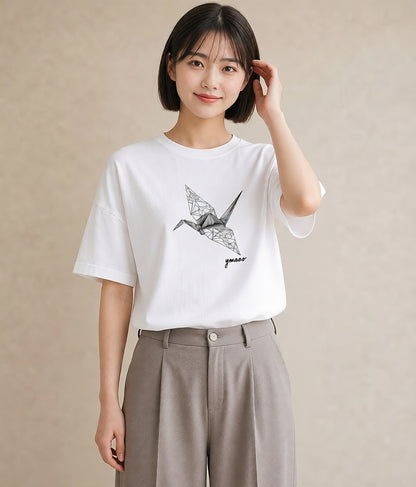 Tシャツ レディース 紙の船 水辺 ナチュラル アンティーク イラスト 休日コーデ 公園 ママ 白T YMAZO