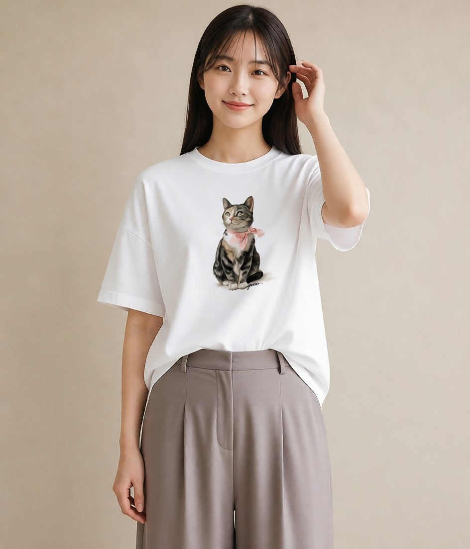 グラフィックTシャツ レディース アビシニアン 猫 ねこ イラスト アート風 親子 20代 白T YMAZO