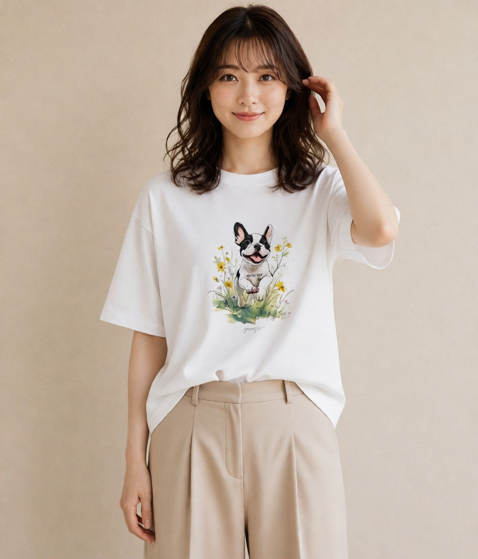 デザインTシャツ レディース フレンチブルドッグ フレブル 犬 いぬ イラスト 手描き風 春服 ミセス 白T YMAZO