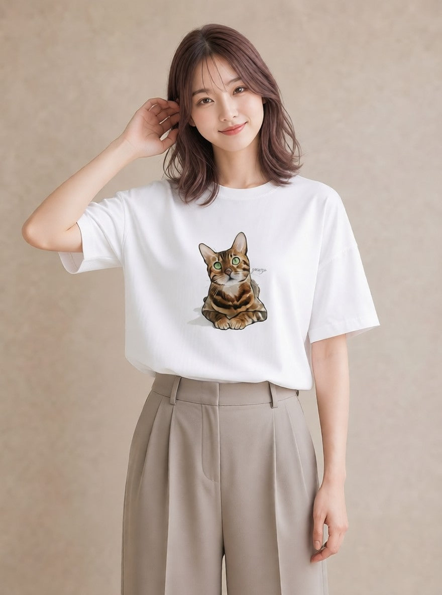 プリントTシャツ レディース ブリティッシュショートヘア 猫 ねこ イラスト ナチュラル デート 帰省 白T YMAZO