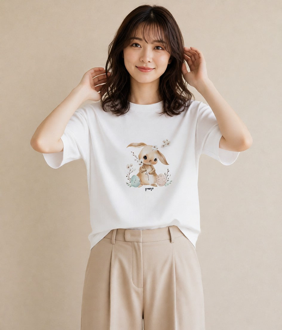 グラフィックTシャツ レディース うさちゃん ペット 動物 イラスト きれいめカジュアル ビーチ デイリーウェア 白T YMAZO