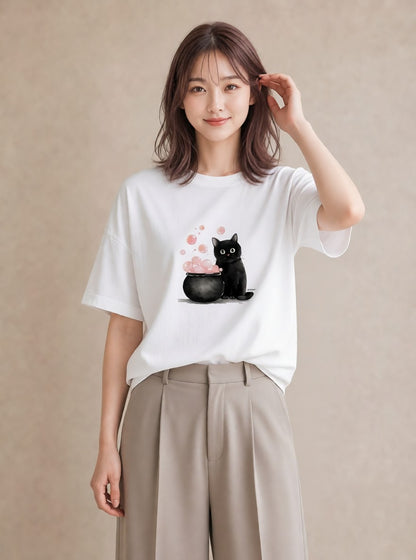 デザインTシャツ レディース ハチワレ 白黒猫 猫 ねこ イラスト 淡色 自分用 ルームウェア 白T YMAZO