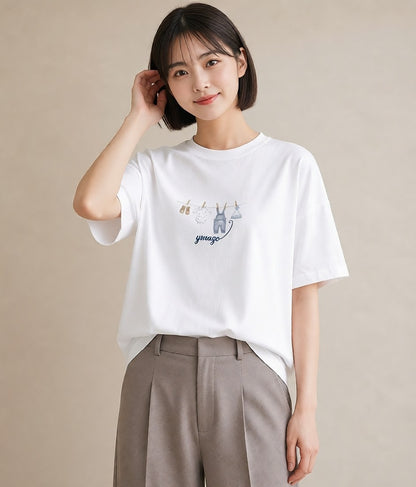 半袖Tシャツ レディース 洗濯物 風 ナチュラル アンティーク イラスト お洒落 レイヤード 友達ギフト 白T YMAZO
