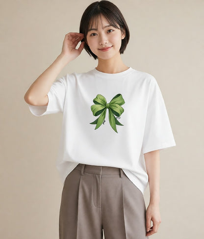 プリントTシャツ レディース リボン 蝶結び ナチュラル アンティーク イラスト シック 親子 20代 白T YMAZO