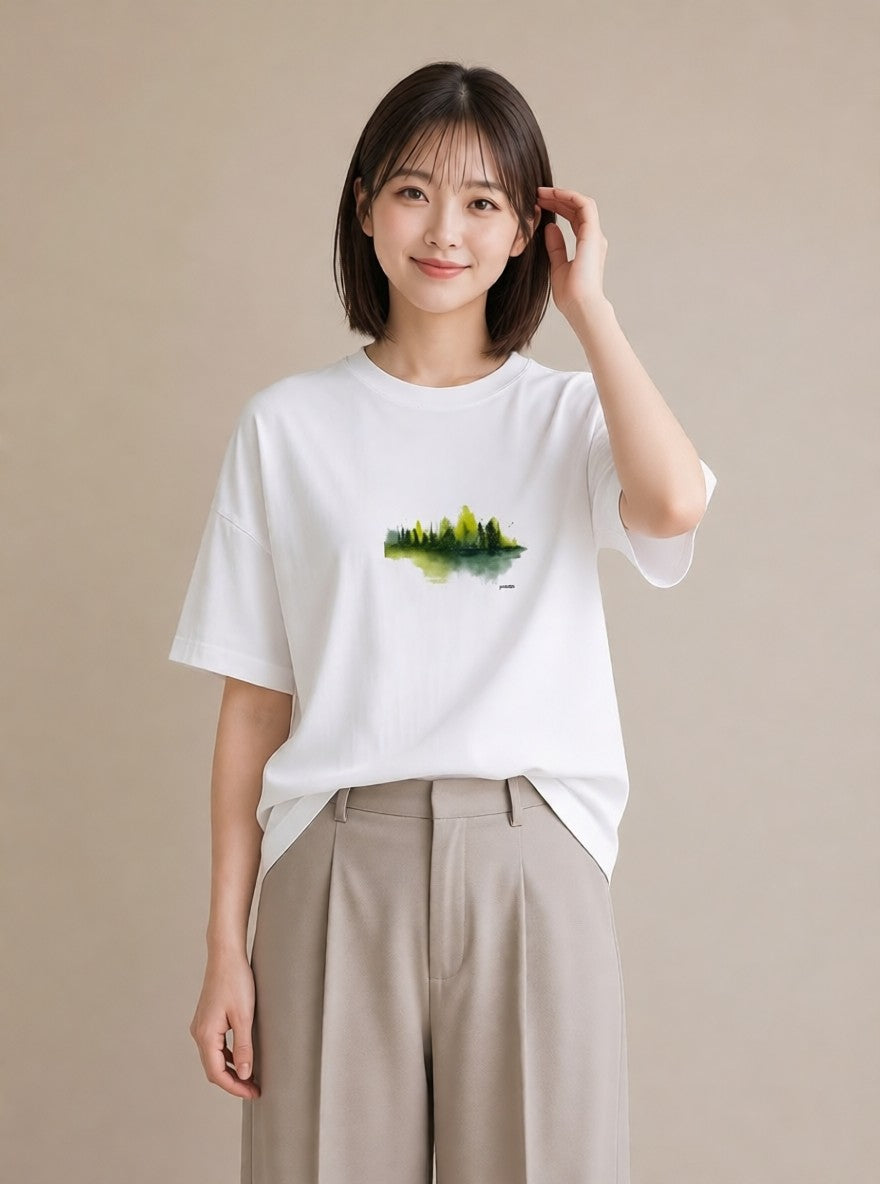 Tシャツ レディース 森 植物 ボタニカル イラスト 線画 カジュアルコーデ 買い物 白T YMAZO