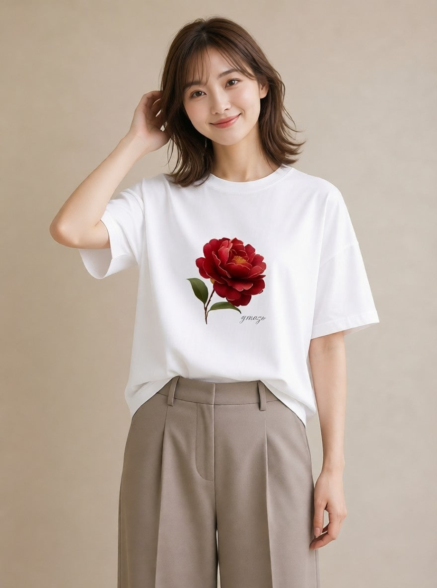半袖Tシャツ レディース 椿 花 花柄 イラスト ユニーク 女性 旅行用 白T