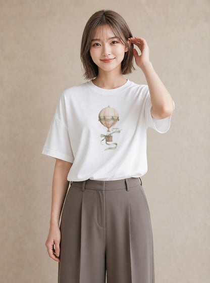 プリントTシャツ レディース 紙風船 和紙 ナチュラル アンティーク イラスト きれいめカジュアル 夏コーデ 通学 白T YMAZO