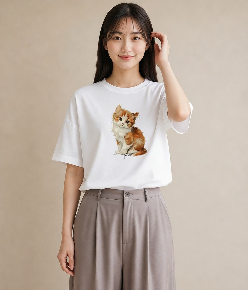 半袖Tシャツ レディース 茶トラ 茶猫 猫 ねこ イラスト モード 普段着 週末コーデ 白T YMAZO