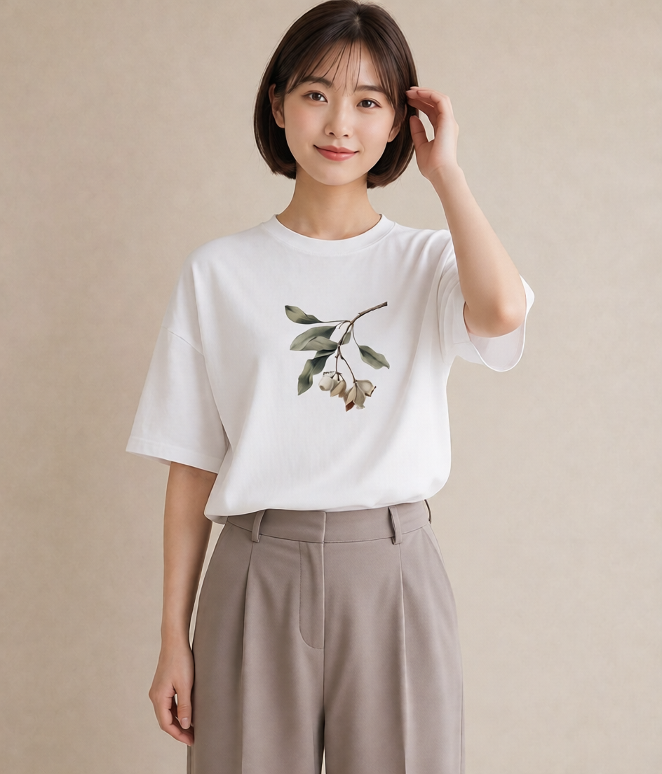 半袖Tシャツ レディース 金木犀 花 花柄 イラスト こなれ感 通勤 在宅 白T