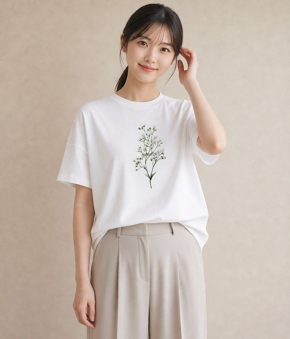 デザインTシャツ レディース カスミソウ かすみ草 花 花柄 イラスト カフェコーデ ペアコーデ 秋コーデ 白T