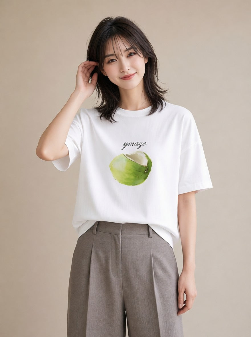 半袖Tシャツ レディース りんご 林檎 アップル 食べ物 フード イラスト 普段使い 旅行用 海 白T YMAZO
