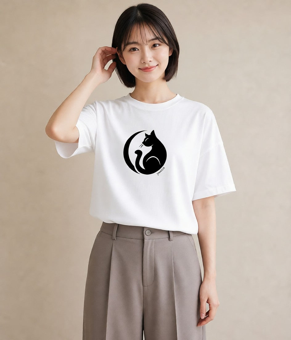 半袖Tシャツ レディース 猫 ねこ ネコ イラスト ポップ 通勤 在宅 白T YMAZO