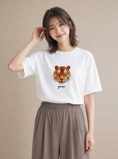 半袖Tシャツ レディース とら 動物 アニマル イラスト カジュアル ペアコーデ 秋コーデ 白T YMAZO