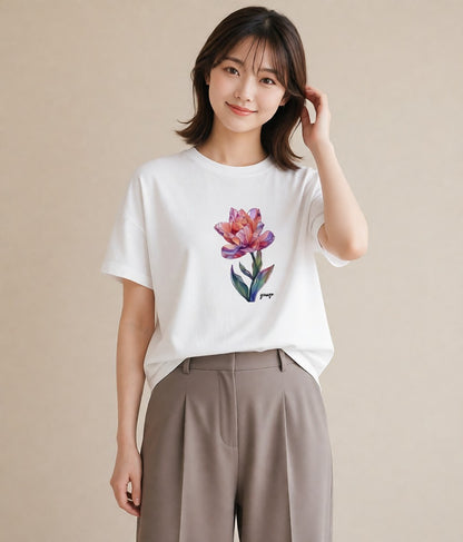 プリントTシャツ レディース チューリップ 花 花柄 イラスト ミニマル 部屋着 女性向けギフト 白T YMAZO