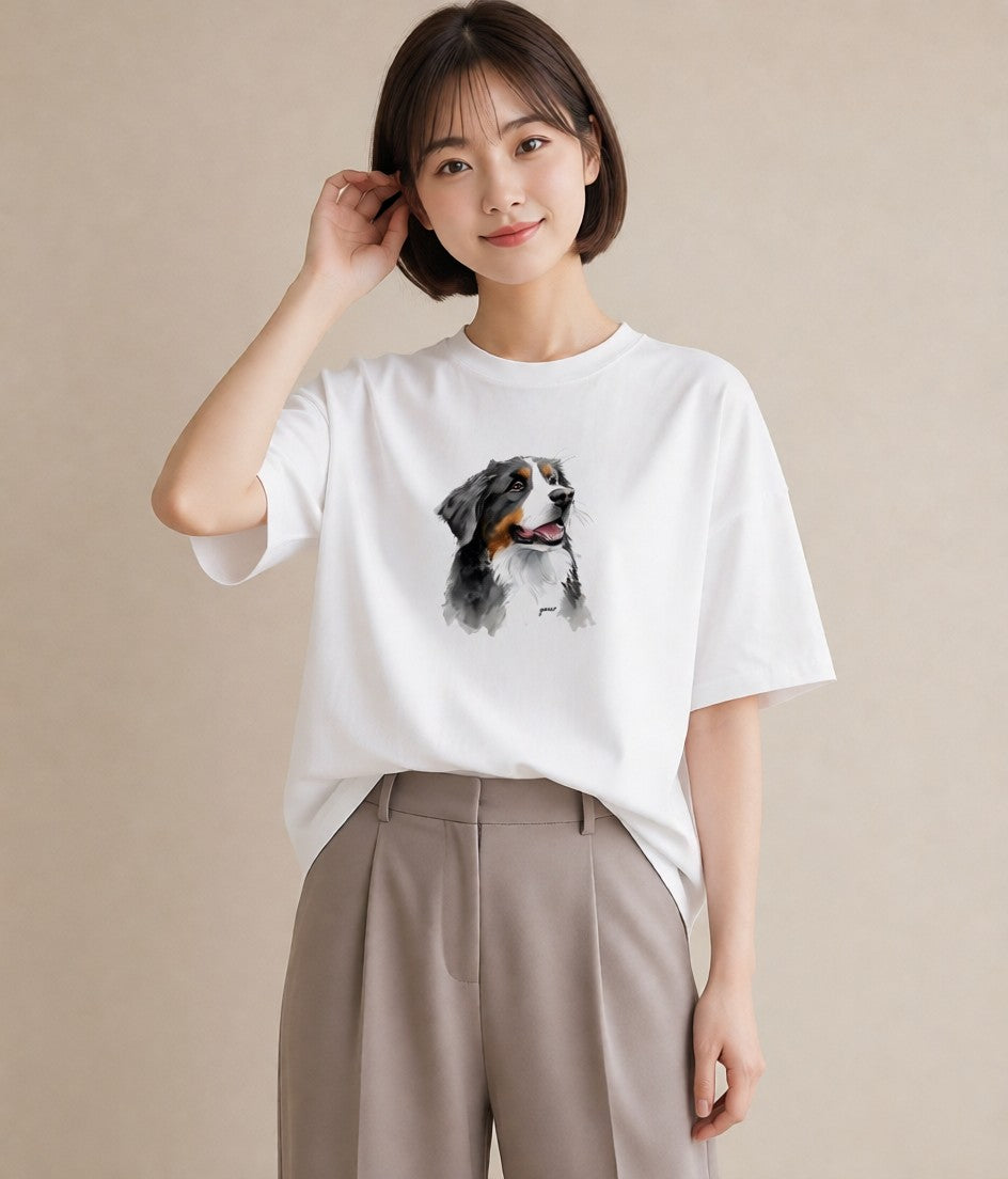 Tシャツ レディース バーニーズマウンテンドッグ 犬 いぬ イラスト ゆるコーデ ラフ レイヤード 白T YMAZO