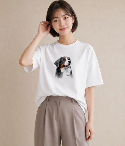 Tシャツ レディース バーニーズマウンテンドッグ 犬 いぬ イラスト ゆるコーデ ラフ レイヤード 白T YMAZO